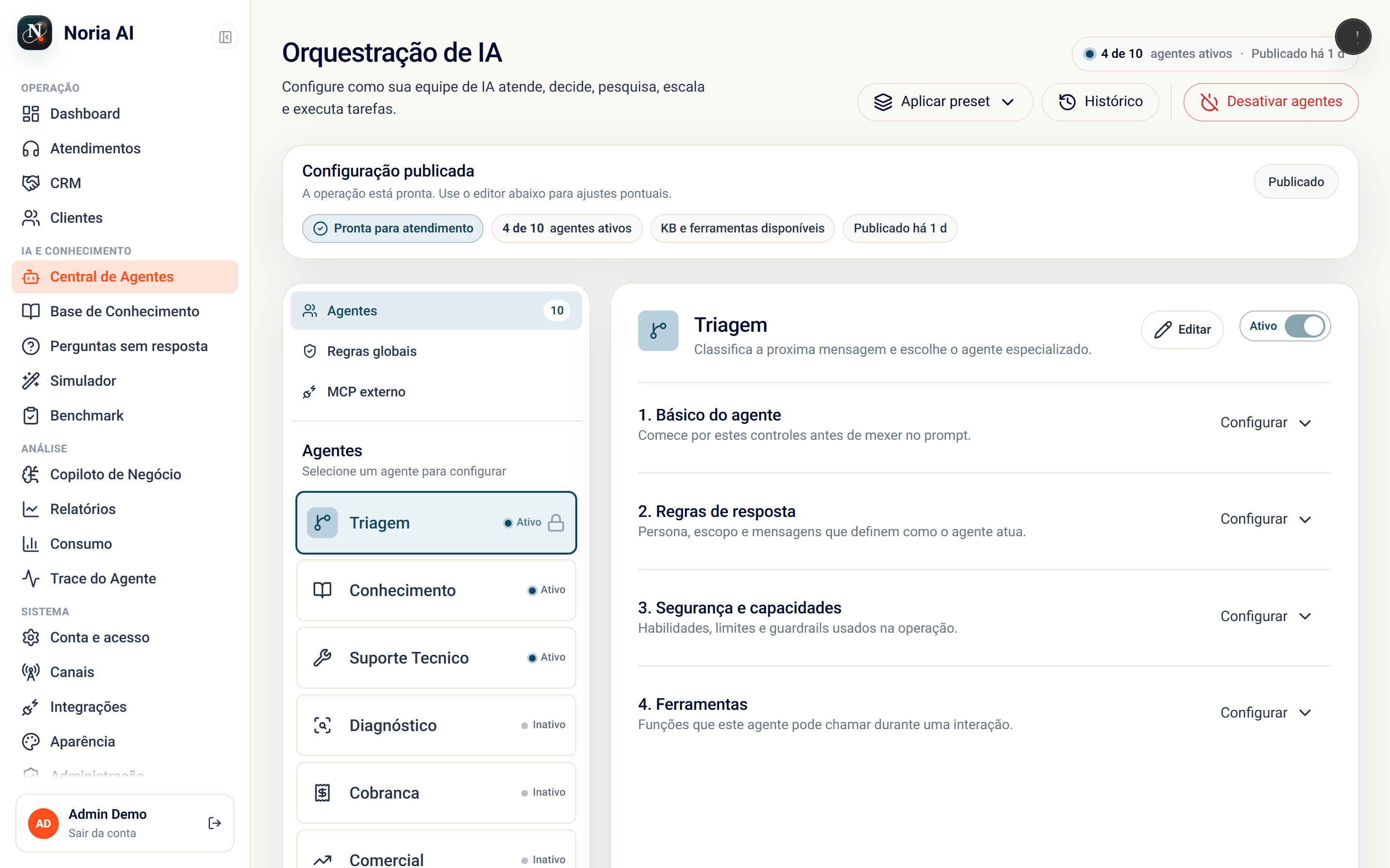 Central de Agentes do Noria com lista de agentes, presets e conexões MCP