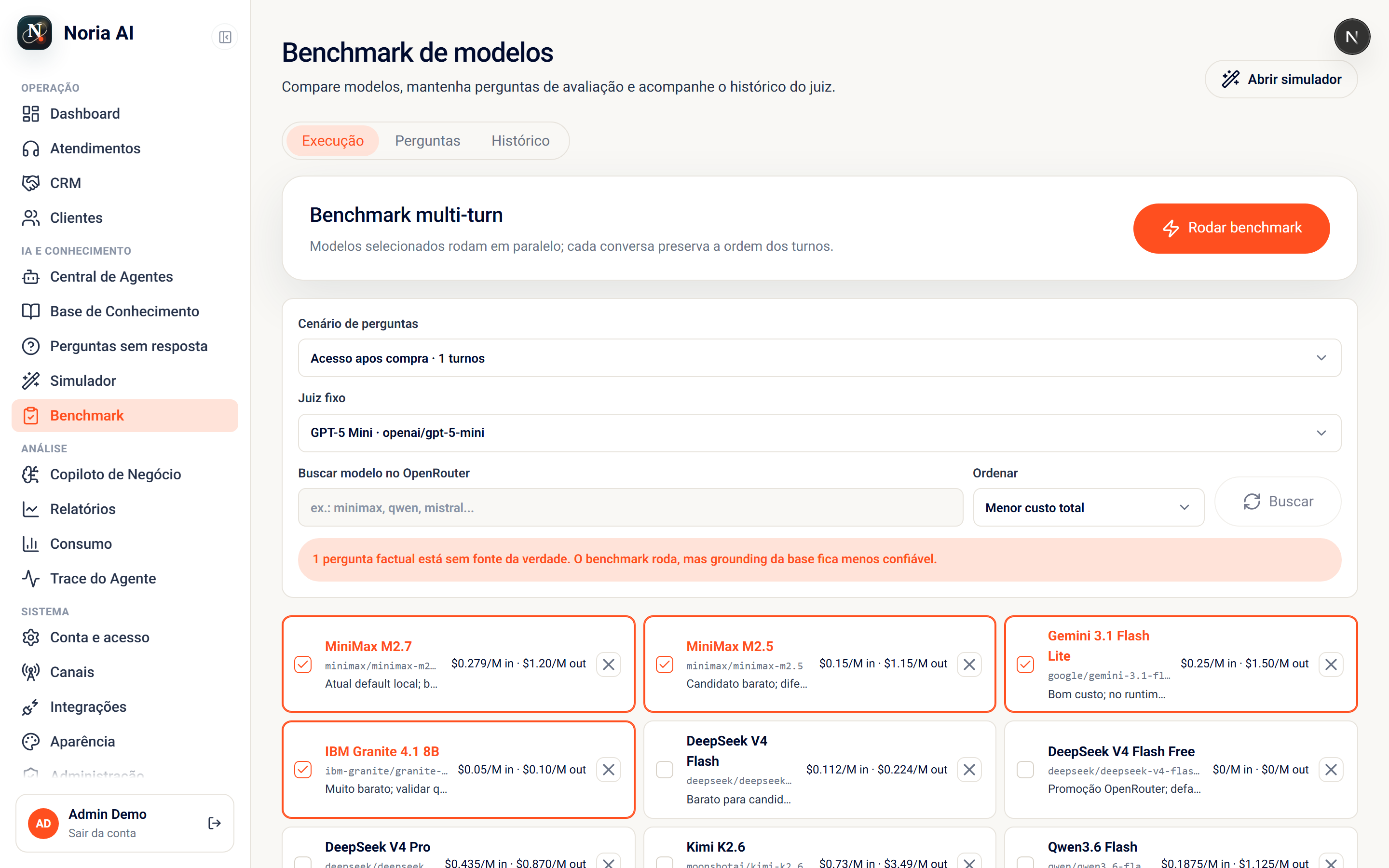 Benchmark de modelos LLM do Noria com qualidade e custo