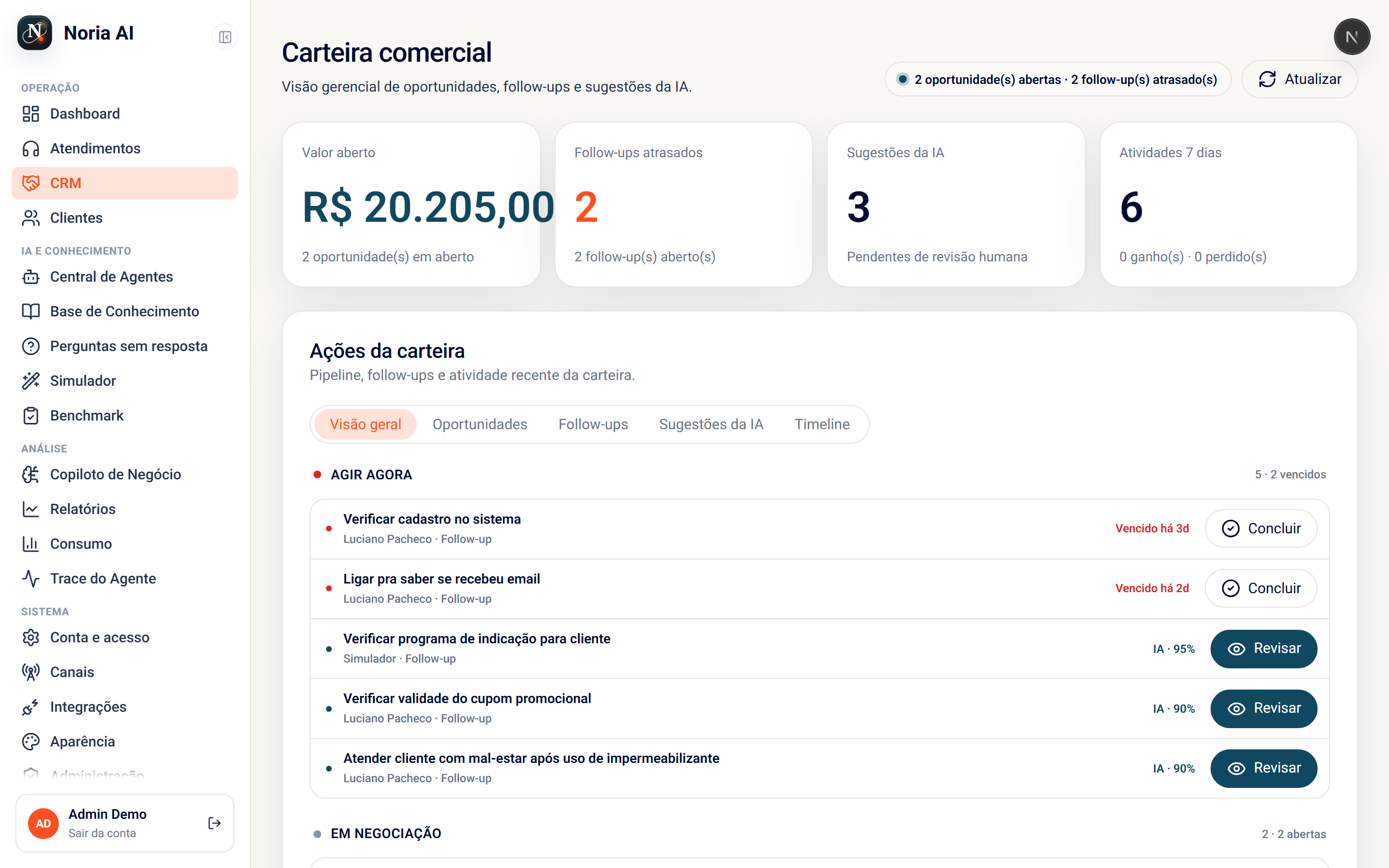 CRM nativo do Noria com funil, oportunidades e sugestões de ação por IA